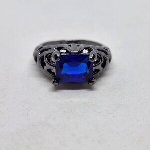 Blue Stone Ring Black Metal Fashion Jewelry Band Size 8.5